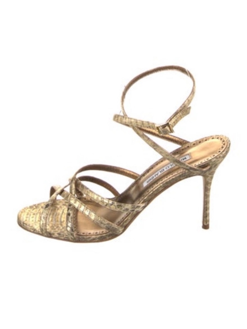 Manolo Blahnik Gold Python Leather Strappy High Heel Sandals 40 1/2